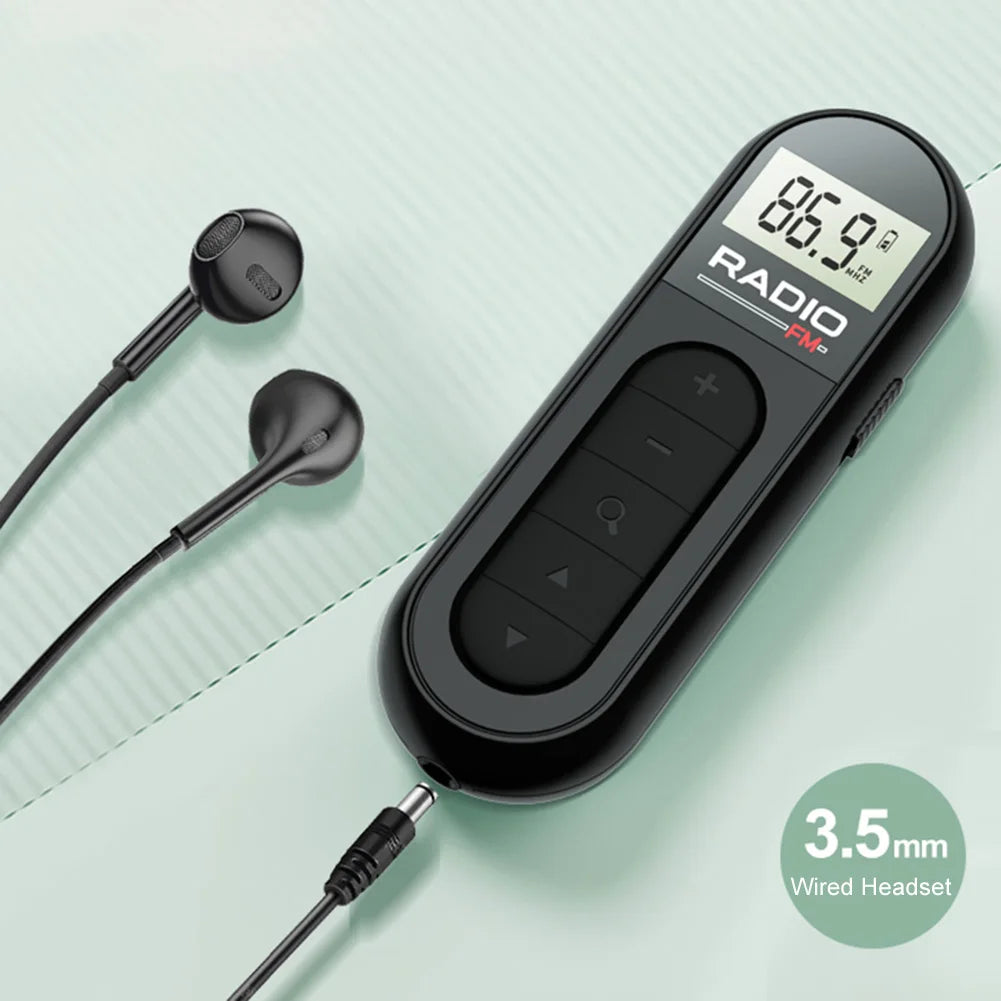 Mini Pocket FM Radio Rechargeable Lavalier Radio with Backlight LCD Display Stereo Radio 3.5mm Headphone Jack for Meeting Sports
