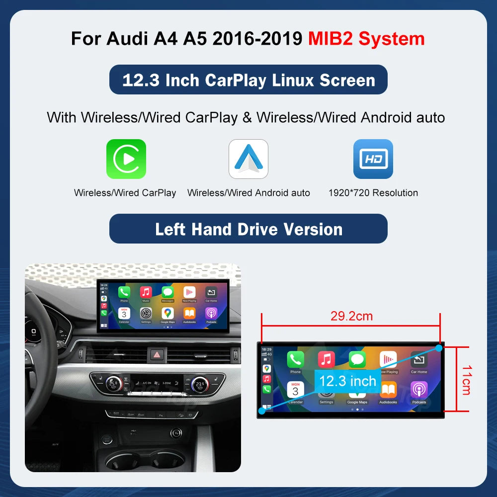 12.3inch Multimedia Display Touch Screen For Audi A4 S4 A5 S5 2014-2019 Airplay Miracast Function Wireless Carplay Android Auto