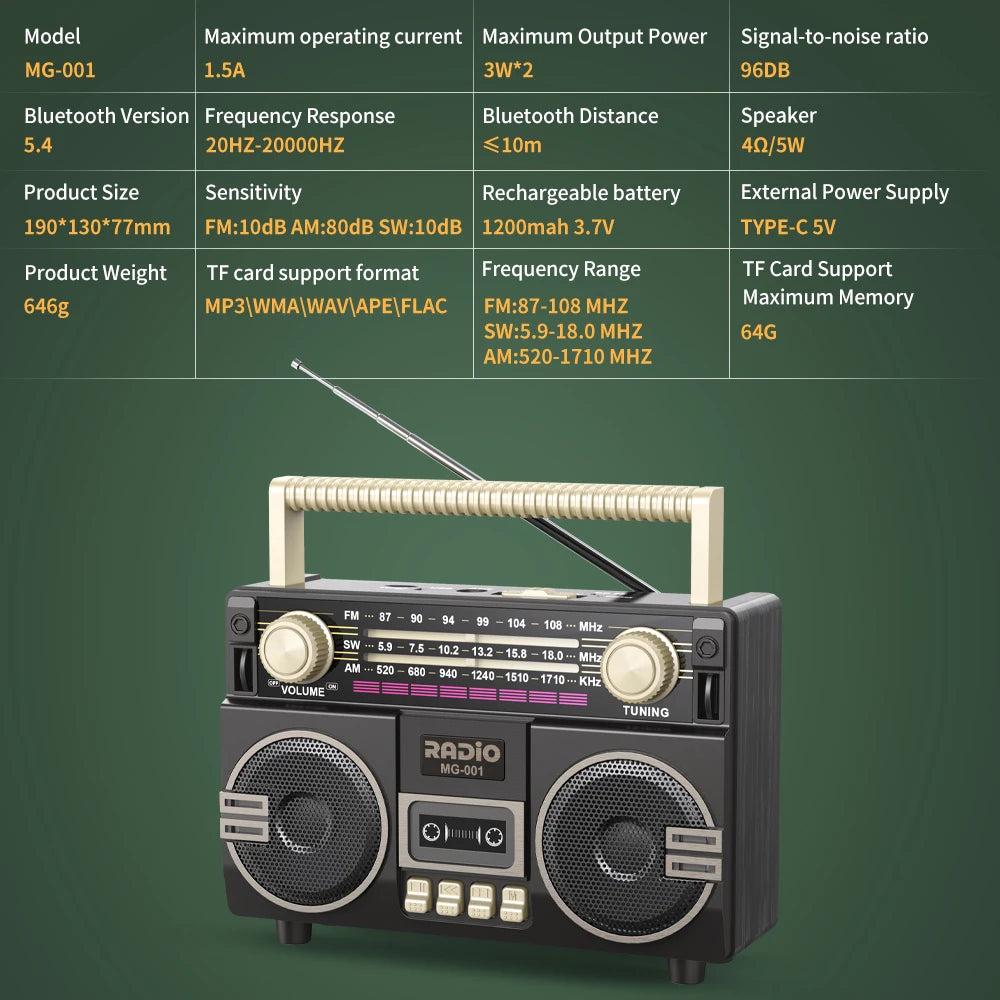 Retro multifunctional portable radio USB charging TF card player and AUX,AM/FM/SW bands,, suitable for family gatherings and out