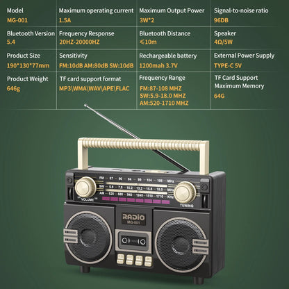 Retro multifunctional portable radio USB charging TF card player and AUX,AM/FM/SW bands,, suitable for family gatherings and out