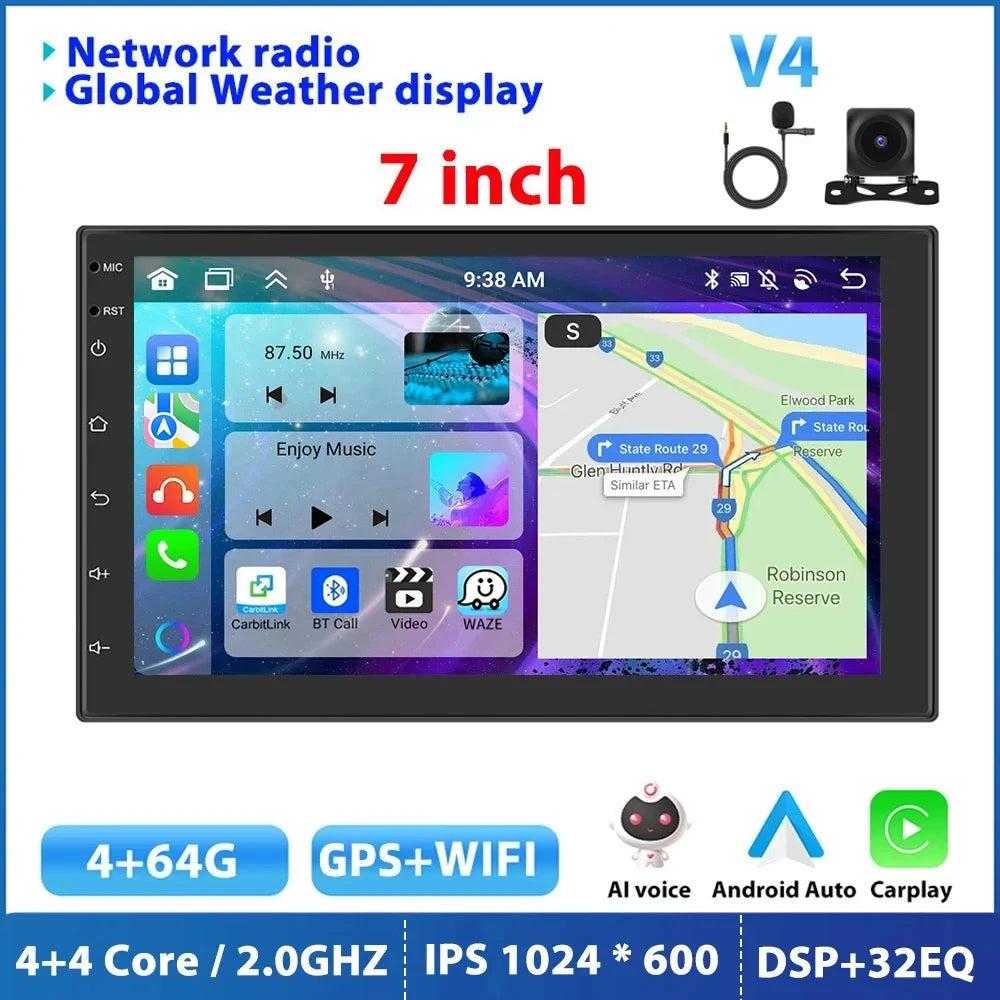 Podofo 8G 256G Car Radio GPS 2 din Android 11 Auto Carplay Universal 7" For Volkswagen Nissan Hyundai Toyota Multimedia Player