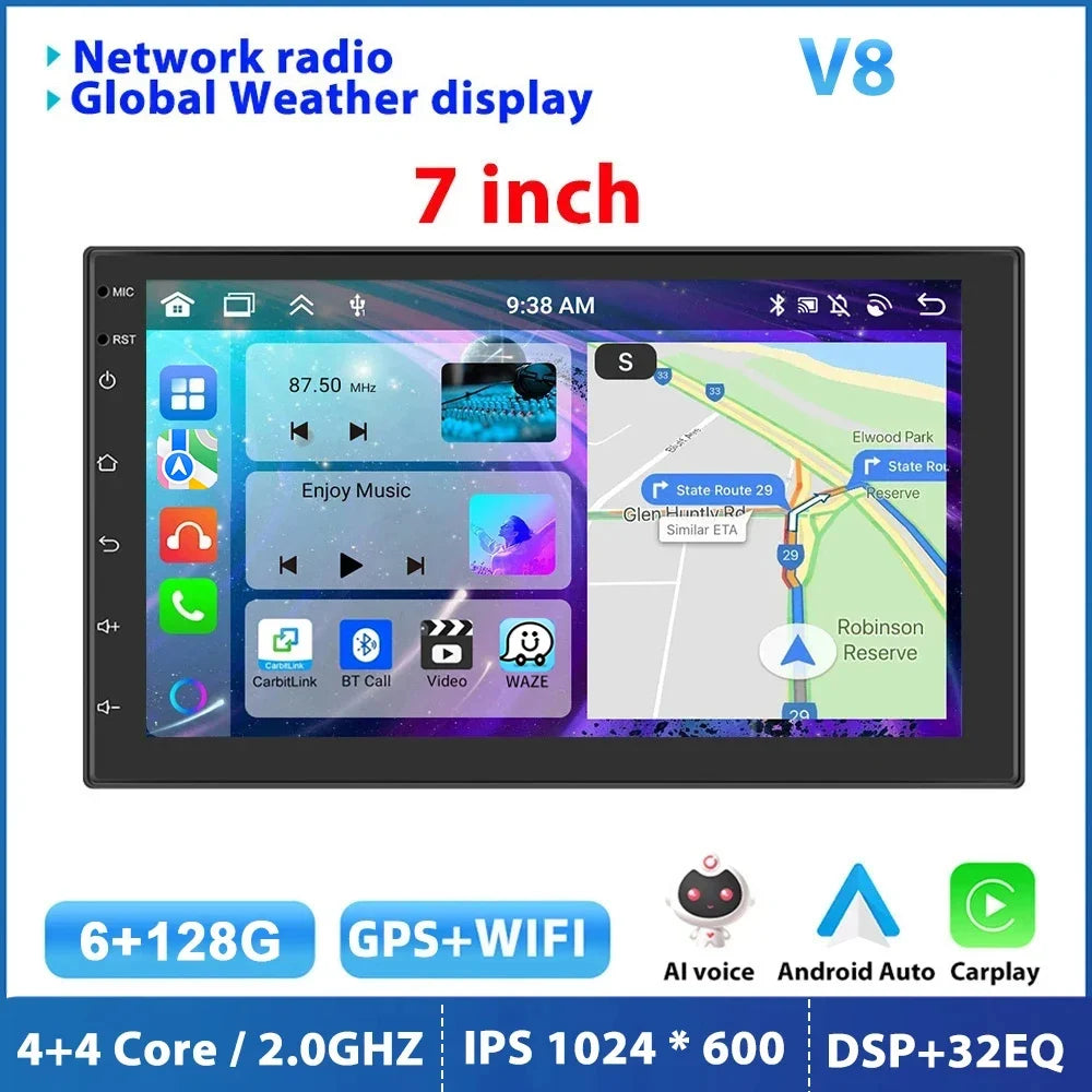 Podofo 8G 256G Car Radio GPS 2 din Android 11 Auto Carplay Universal 7" For Volkswagen Nissan Hyundai Toyota Multimedia Player