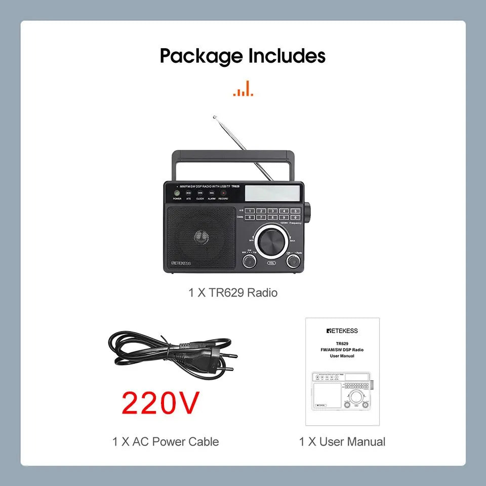 Retekess TR629 AM FM SW DSP Portable Digital Radio Backlight LCD Display Loud Volume Speaker Recorder Clock Home Elder