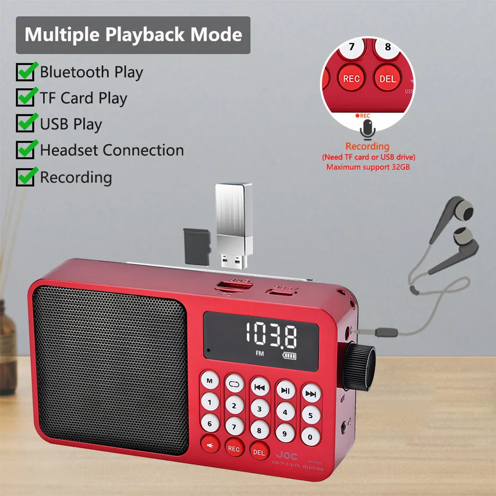 Solar FM Radio Portable Bluetooth Speaker with LED Light support Recording TF Card USB Play Wireless Speaker Radio FM Receiver