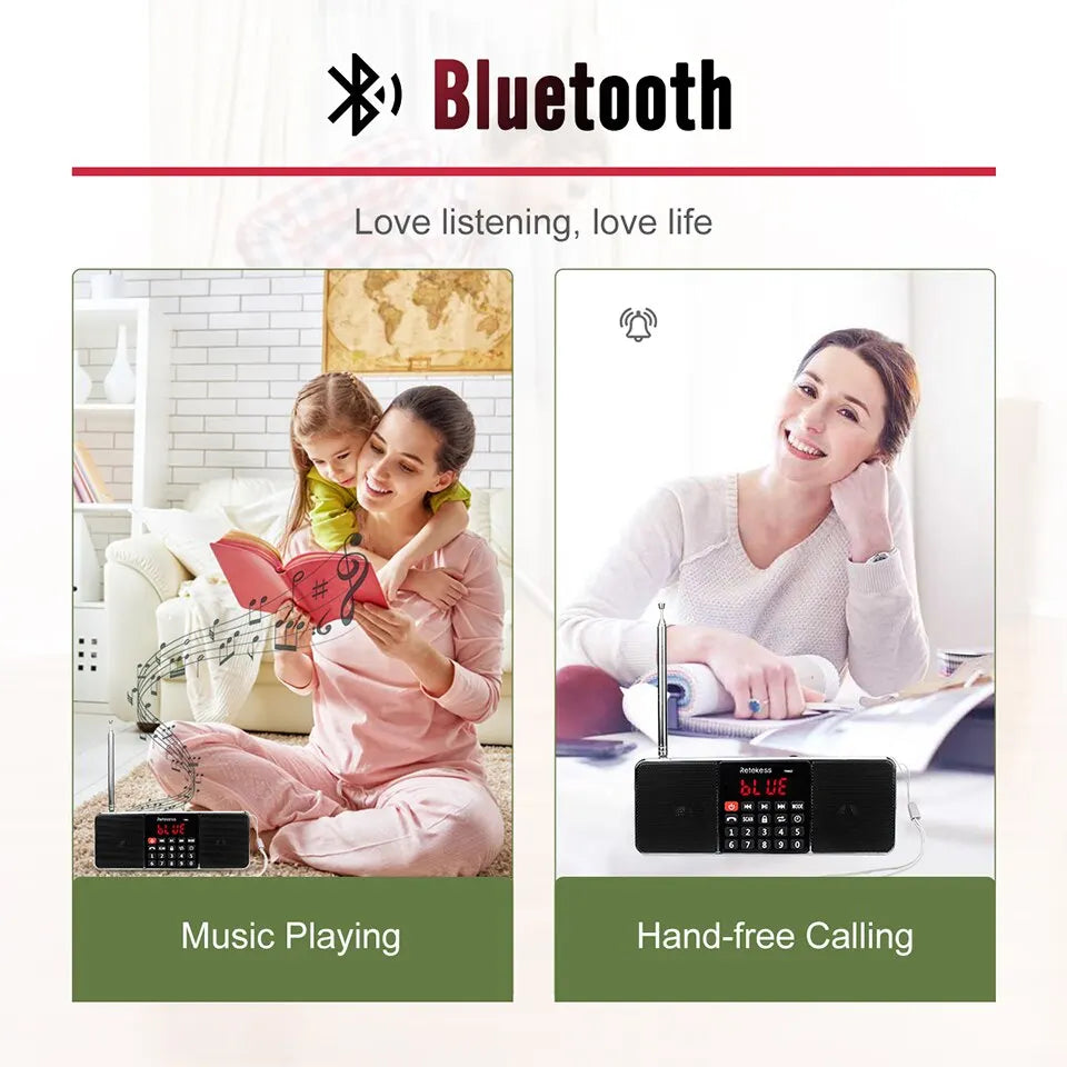 Retekess TR602 Portable Radio AM FM Digital Bluetooth Speaker Stereo MP3 Player TF SD Card USB Handsfree Call for Kids and Old