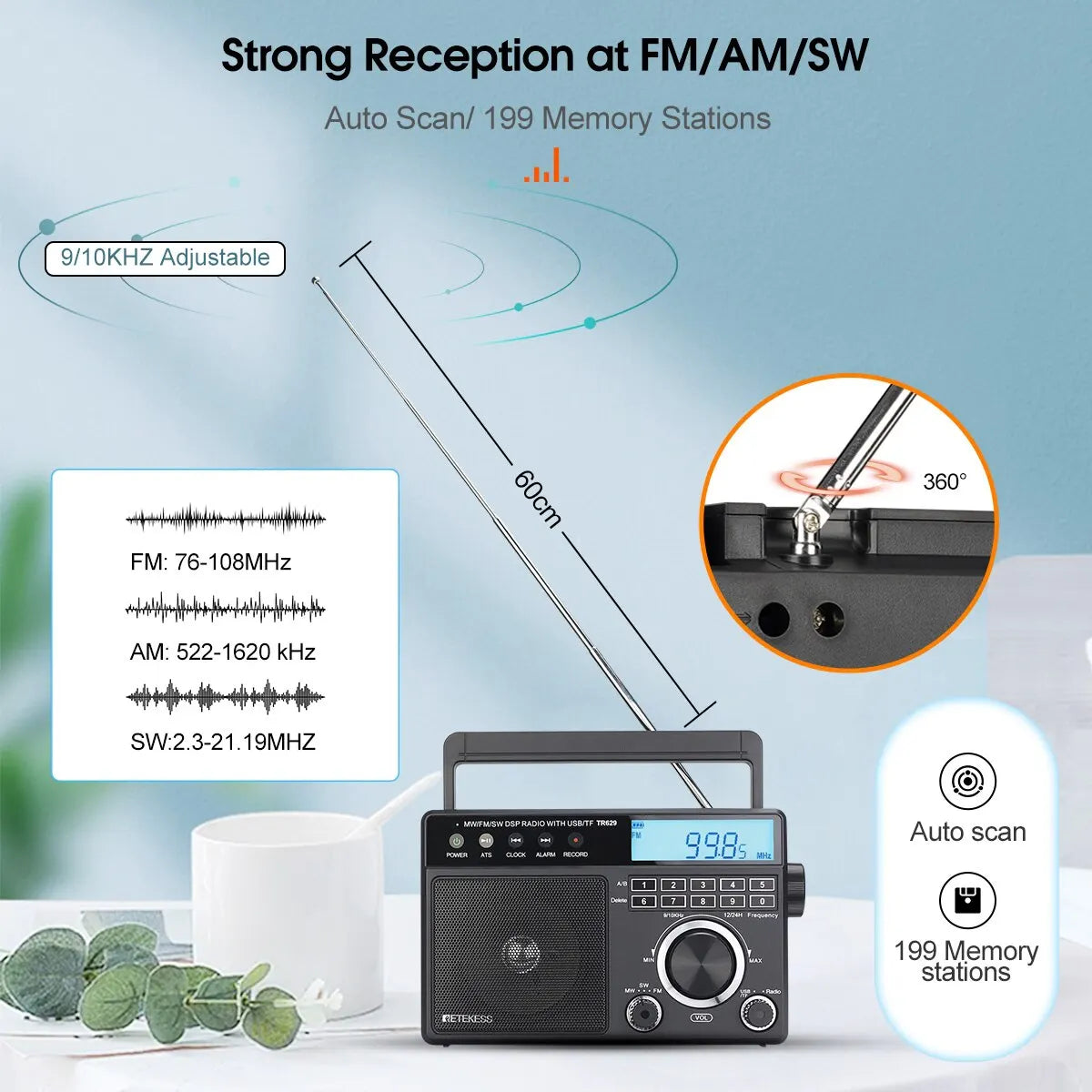 Retekess TR629 AM FM SW DSP Portable Digital Radio Backlight LCD Display Loud Volume Speaker Recorder Clock Home Elder