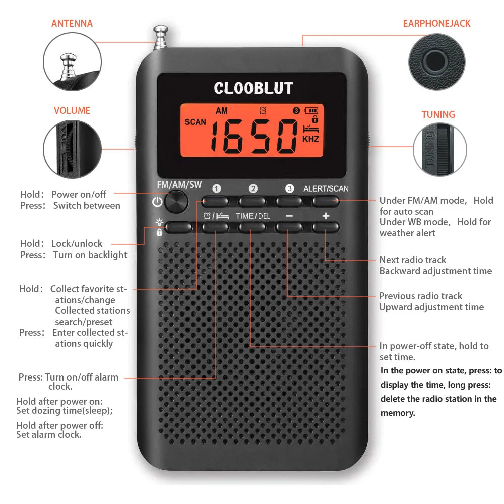 RD218 FM/AM/SW Radio Portable Battery by 2 AA ,Stereo Earphone, LCD Display Digital Alarm Clock sleep,9/10steps Used worldwide
