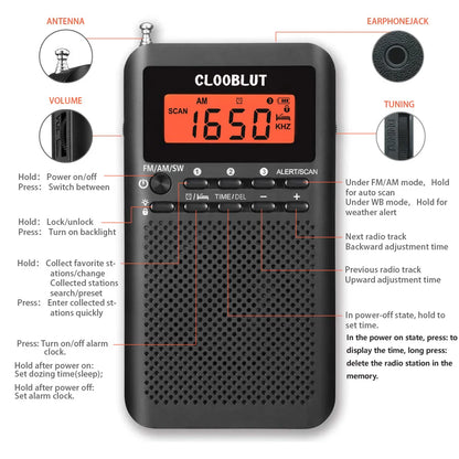 RD218 FM/AM/SW Radio Portable Battery by 2 AA ,Stereo Earphone, LCD Display Digital Alarm Clock sleep,9/10steps Used worldwide