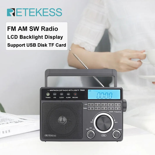 Retekess TR629 AM FM SW DSP Portable Digital Radio Backlight LCD Display Loud Volume Speaker Recorder Clock Home Elder