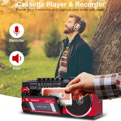 Portable Cassette Player with AM/FM/SW Radio and BT, Boombox for Home and Travel, Record from Radio, Play via SD/USB, Headphone