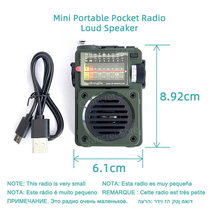 Portable Radio Mini Pocket FM AM MW SW WB Full Band Receiver Music Player Support Bluetooth MP3 Spectrumlight TF-Card Battery