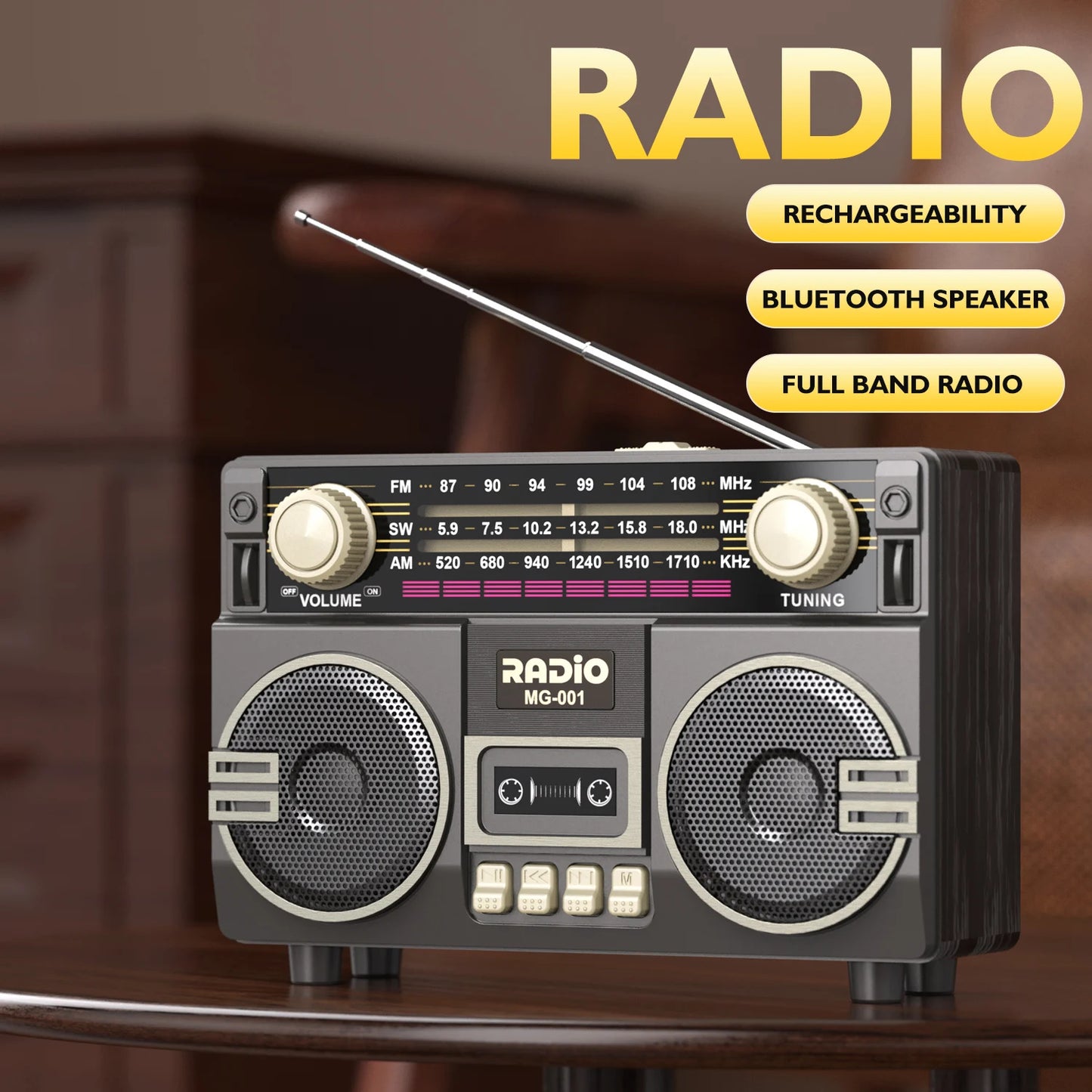 Retro multifunctional portable radio USB charging TF card player and AUX,AM/FM/SW bands,, suitable for family gatherings and out