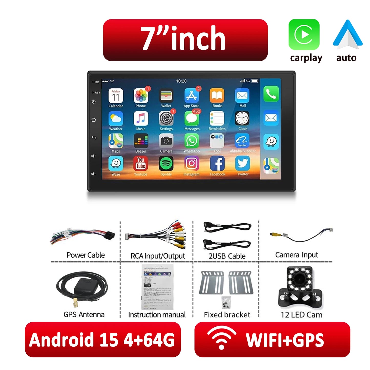 ESSGOO Android 15 Car Radio Wireless Carplay Auto 2 Din 7"/9"/10" GPS Navigator MP5 Player Glass Screen Wi-Fi FM BT Car Stereo