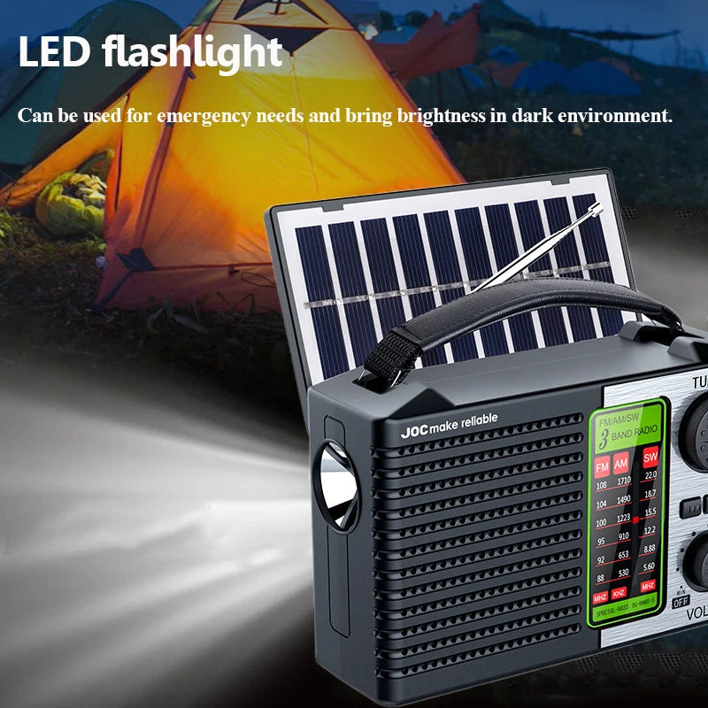 Portable Full Band Radio Solar Power FM AM SW Radios Wireless Bluetooth Music Player with Strong LED Light Rechargeable Battery