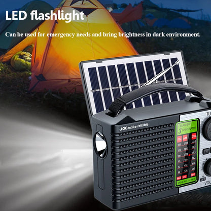 Portable Full Band Radio Solar Power FM AM SW Radios Wireless Bluetooth Music Player with Strong LED Light Rechargeable Battery