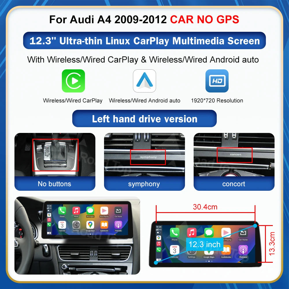 8.9 Inch 12.3'' Touch Display Multimedia Player Andriod Auto Link For Audi A4 S4 B8 2008-2016 GPS Carplay Screen Car Play