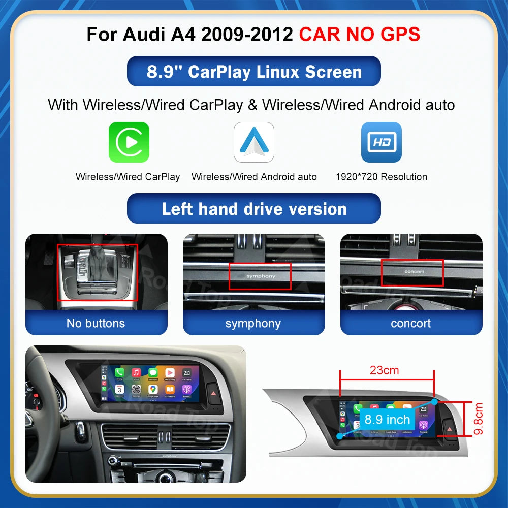 8.9 Inch 12.3'' Touch Display Multimedia Player Andriod Auto Link For Audi A4 S4 B8 2008-2016 GPS Carplay Screen Car Play