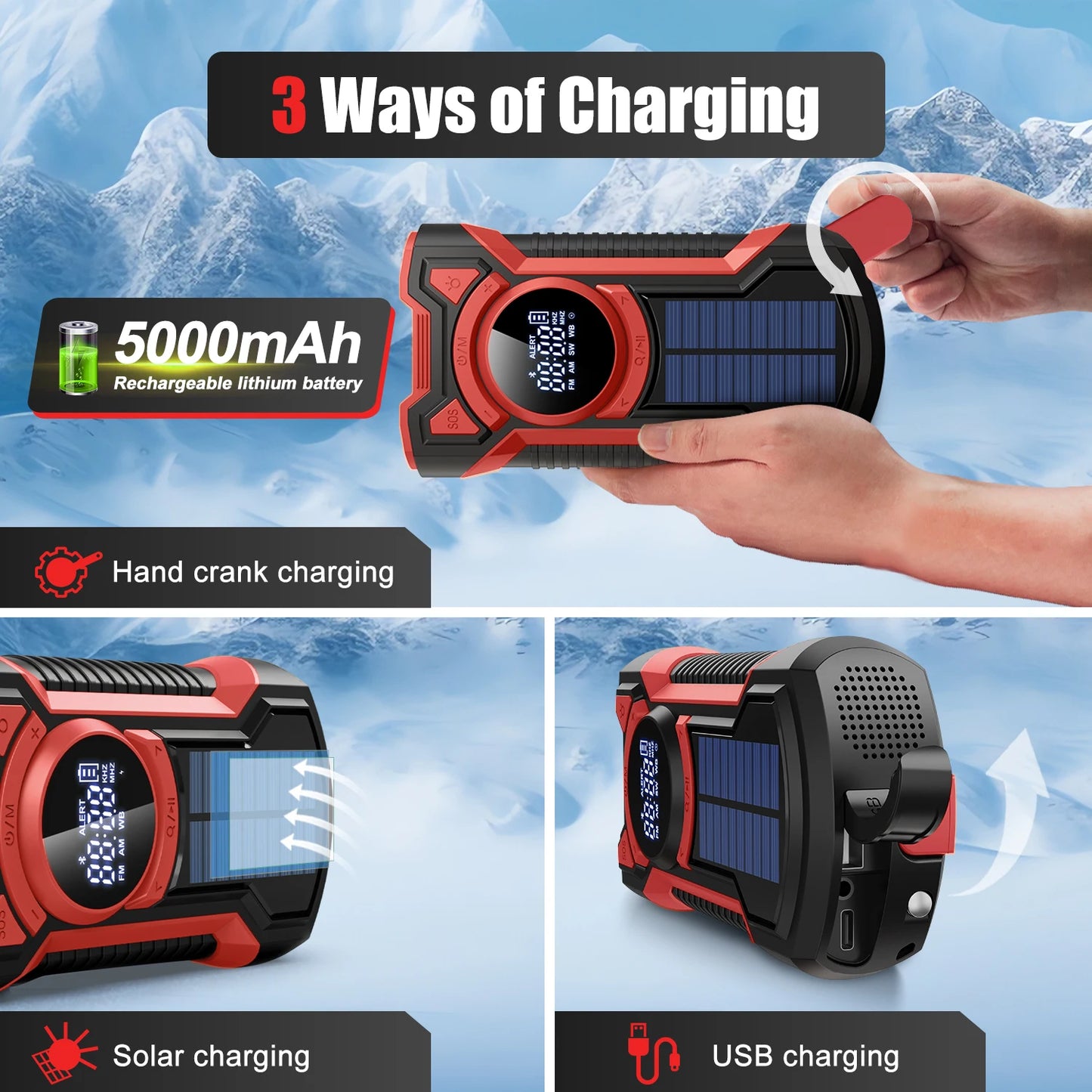 Emergency Radio Hand Crank Solar 5000mAh, IP65 Waterproof Dustproof Bluetooth 5.3 Portable AM/FM/NOAA Weather Alert Radio，red