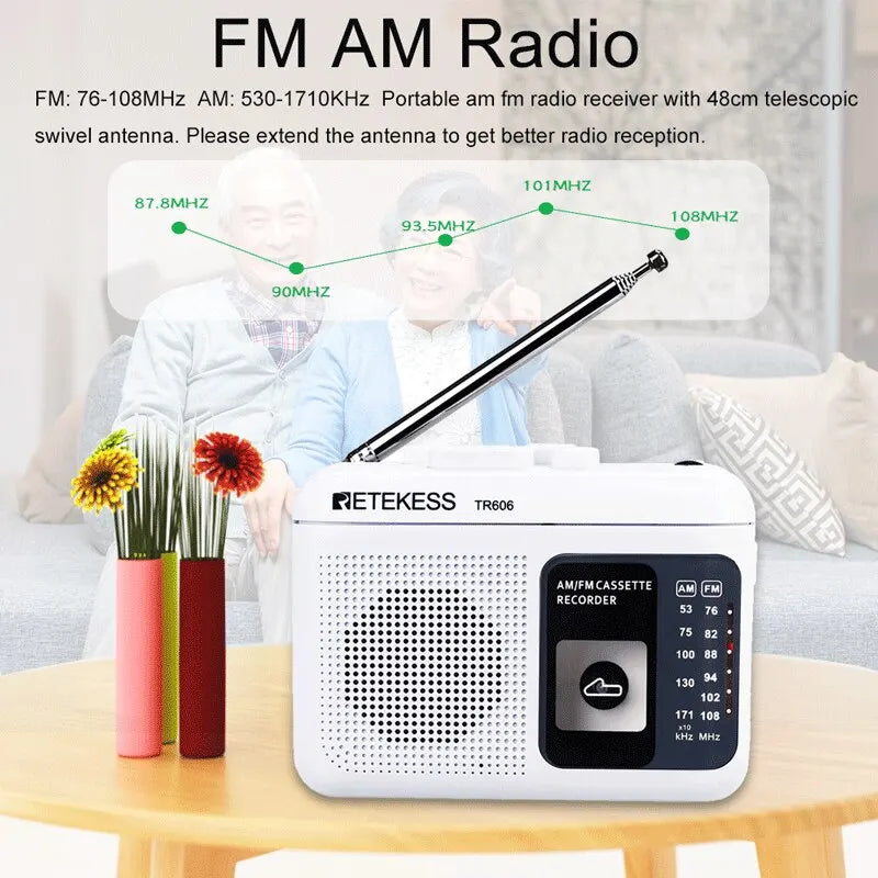 Retekess TR606 Radio FM AM Radio Cassette Playback Portable Radios FM AM Recording 3.5mm Earphone MIC Jack 2 Power Supply Method