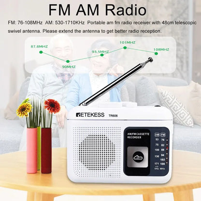 Retekess TR606 Radio FM AM Radio Cassette Playback Portable Radios FM AM Recording 3.5mm Earphone MIC Jack 2 Power Supply Method