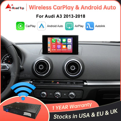 Road Top Wireless CarPlay Android Auto Decoder for Audi A3 2013-2018 with AirPlay Mirror Link Car Play Rear Camera BT Functions