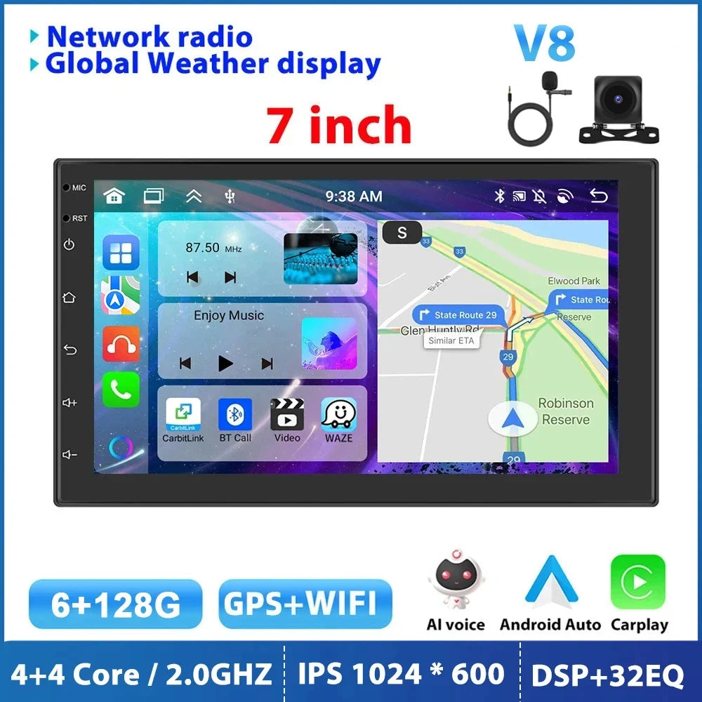 Podofo 8G 256G Car Radio GPS 2 din Android 11 Auto Carplay Universal 7" For Volkswagen Nissan Hyundai Toyota Multimedia Player