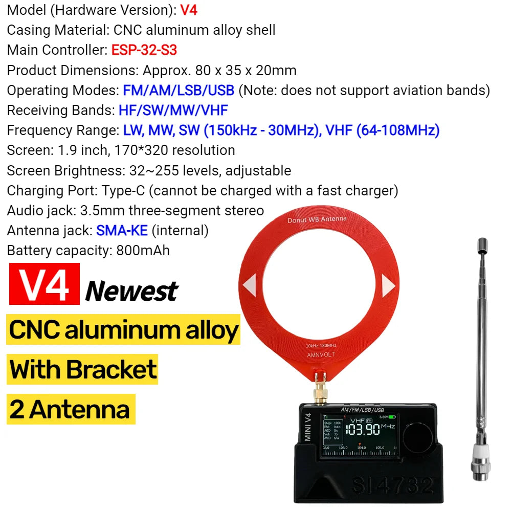 AMNVOLT V4/V3S ATS MINI SI4732 Radio ALL Band DSP Radio FM AM SSB LSB USB Receiver, built-in Hi-Z Headphone Amplifier Circuit