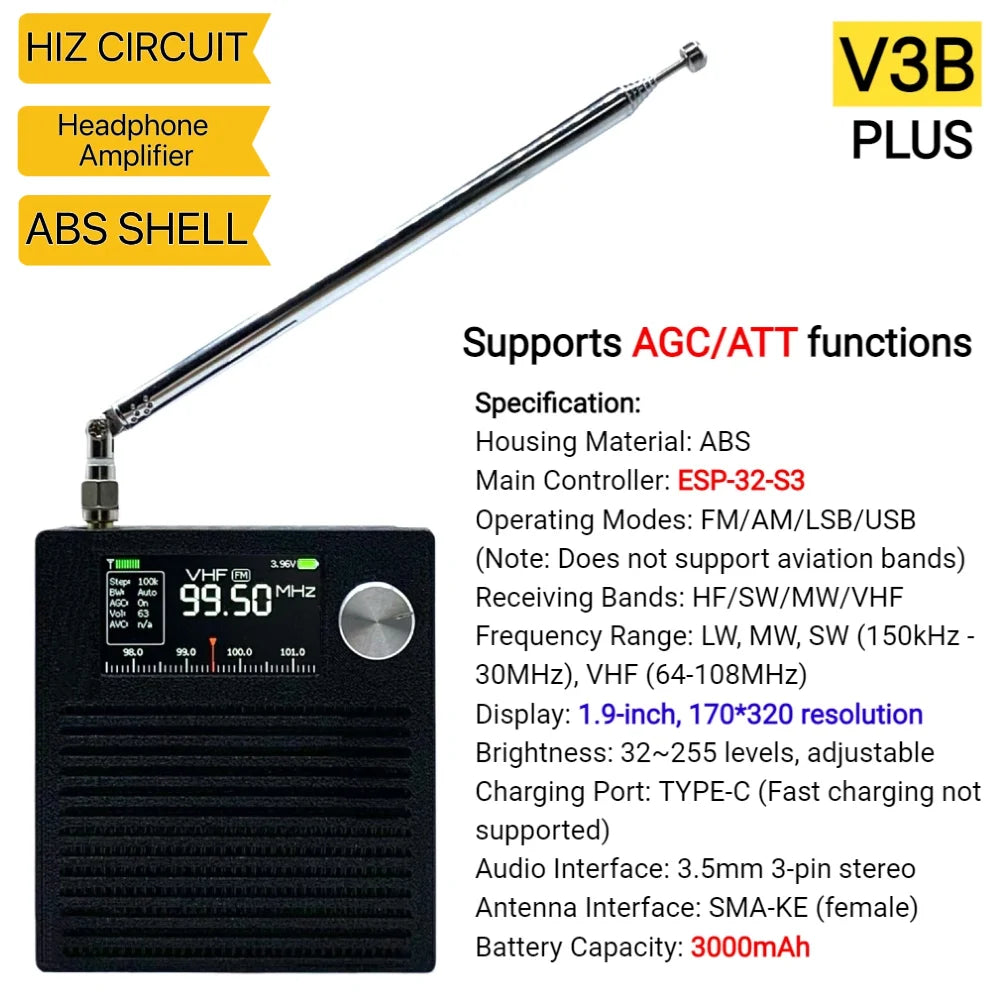 AMNVOLT V4/V3S ATS MINI SI4732 Radio ALL Band DSP Radio FM AM SSB LSB USB Receiver, built-in Hi-Z Headphone Amplifier Circuit