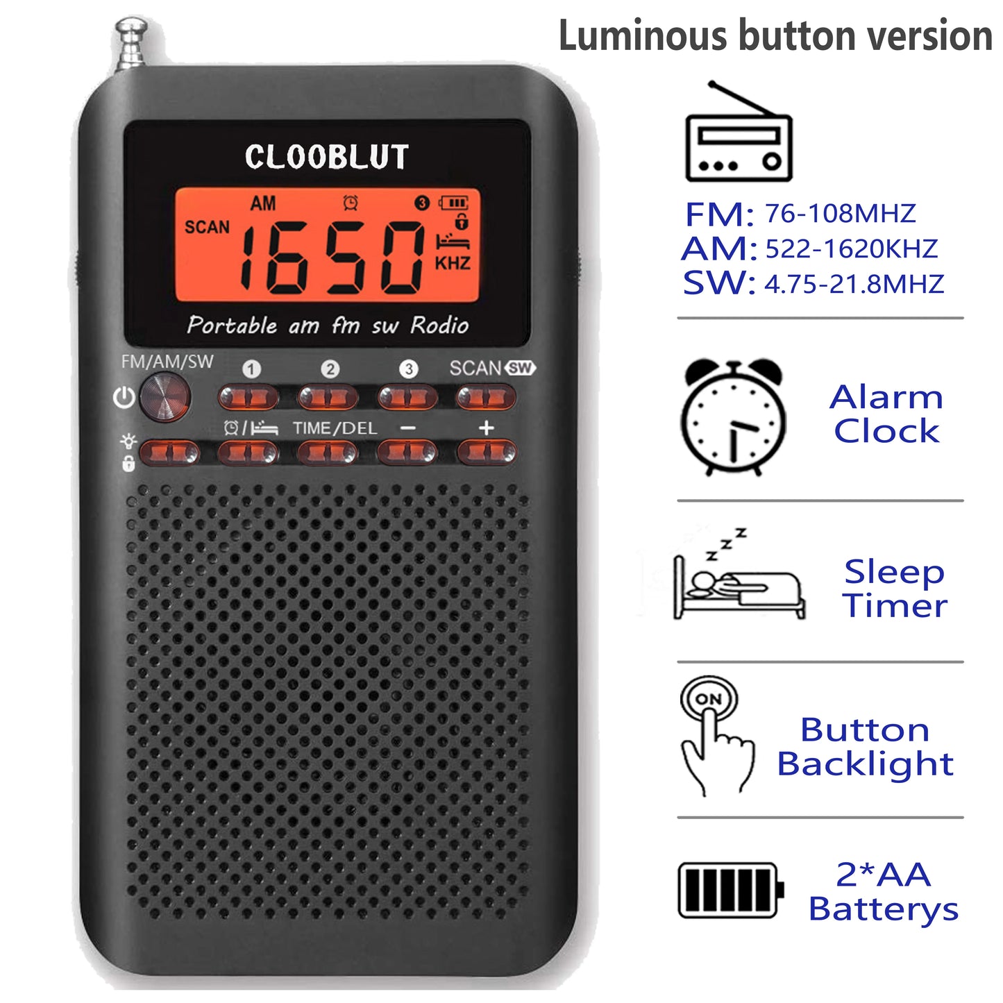 RD218 FM/AM/SW Radio Portable Battery by 2 AA ,Stereo Earphone, LCD Display Digital Alarm Clock sleep,9/10steps Used worldwide