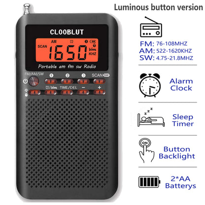 RD218 FM/AM/SW Radio Portable Battery by 2 AA ,Stereo Earphone, LCD Display Digital Alarm Clock sleep,9/10steps Used worldwide