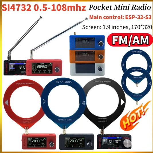 New Mini SI4732 0.5-108mhz Portable Radio LSB USB AM FM Pocket Mini Radio 1.9" IPS Screen All Band Radio Receiver with Antenna