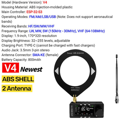 AMNVOLT V4/V3S ATS MINI SI4732 Radio ALL Band DSP Radio FM AM SSB LSB USB Receiver, built-in Hi-Z Headphone Amplifier Circuit