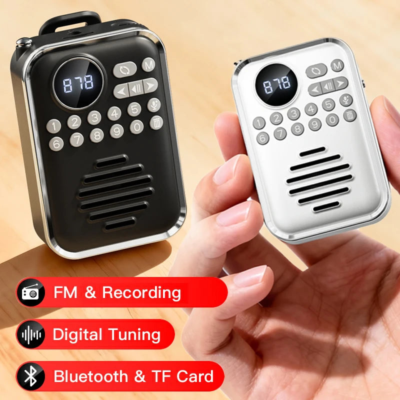 Mini Portable FM Radio HD Display Digital Radios Recevier  Wireless Bluetooth Speaker Voice Recorder Rechargeable TF Card  Playe