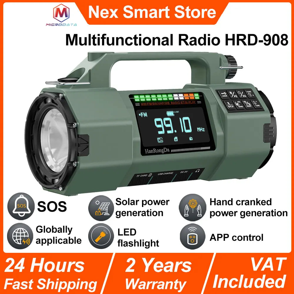New Outdoor Multifunctional Radio FM/MW/SW/VHF/WB,Manual Emergency Generator,LED Flashlight Emergency Charging SOS Alarm,5000mAh