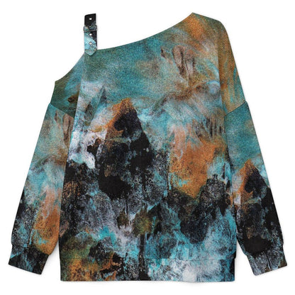 Off-the-shoulder Sweater Abstract Pattern  Asymmetric Cold Shoulder Knit Sweater for Women, Adjustable Buckle Strap Long Sleeve Casual Slouchy Pullover