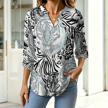 Stand-up Collar Long-sleeved Shirt Tiger Pattern, Repeating Pattern  Customization Women’s V-Neck Blouses,long Sleeve,Roll-Up Sleeve Shirt