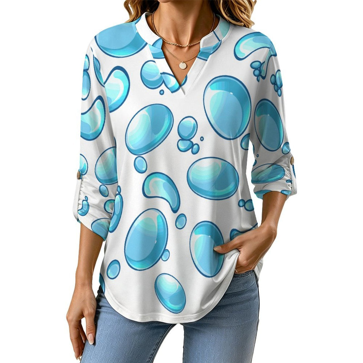 Stand-up Collar Long-sleeved Shirt Blue Water Droplets  Customization Women’s V-Neck Blouses,long Sleeve,Roll-Up Sleeve Shirt