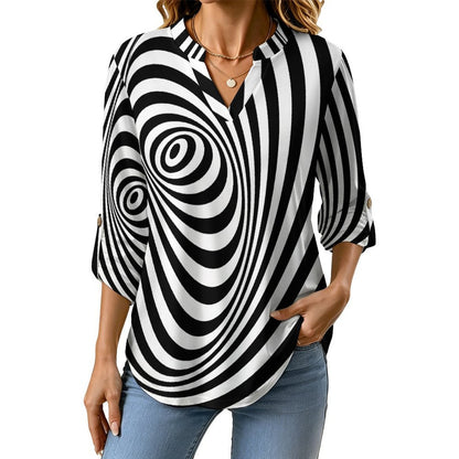 Vortex, 3D, Stripe  Versatile Notched V-Neck Tunic | Roll Tab 3/4 Sleeve Office Casual Top