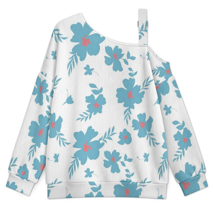 Off-the-shoulder Sweater Floral Pattern  Asymmetric Cold Shoulder Knit Sweater for Women, Adjustable Buckle Strap Long Sleeve Casual Slouchy Pullover