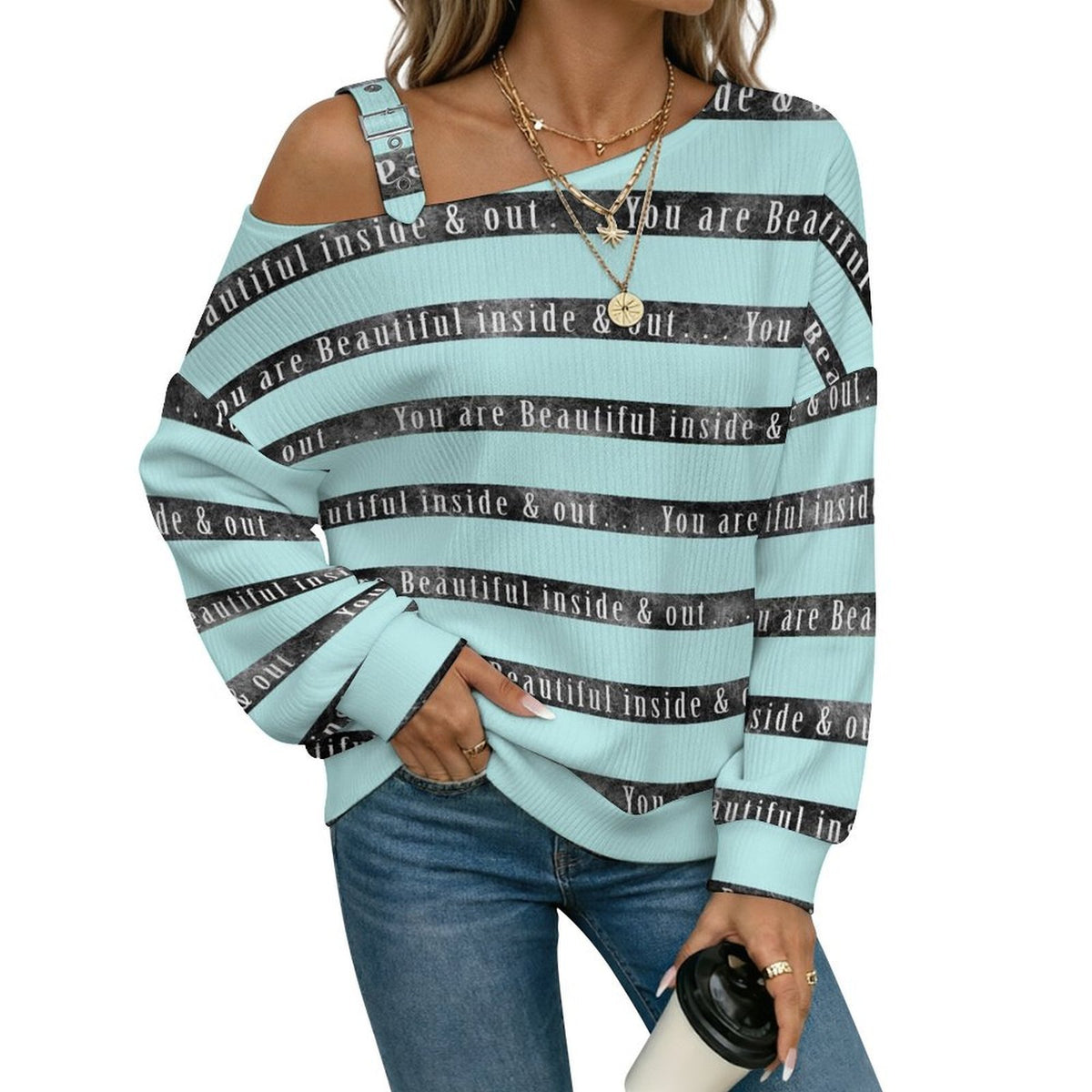Off-the-shoulder Sweater Green Stripe, Black Stripe Font  Asymmetric Cold Shoulder Knit Sweater for Women, Adjustable Buckle Strap Long Sleeve Casual Slouchy Pullover