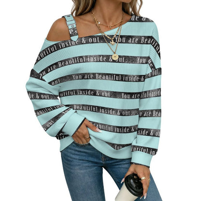 Off-the-shoulder Sweater Green Stripe, Black Stripe Font  Asymmetric Cold Shoulder Knit Sweater for Women, Adjustable Buckle Strap Long Sleeve Casual Slouchy Pullover