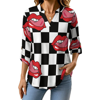 Stand-up Collar Long-sleeved Shirt Pop Style Red Lips Repeat Pattern Black And White Checkered  Customization Women’s V-Neck Blouses,long Sleeve,Roll-Up Sleeve Shirt