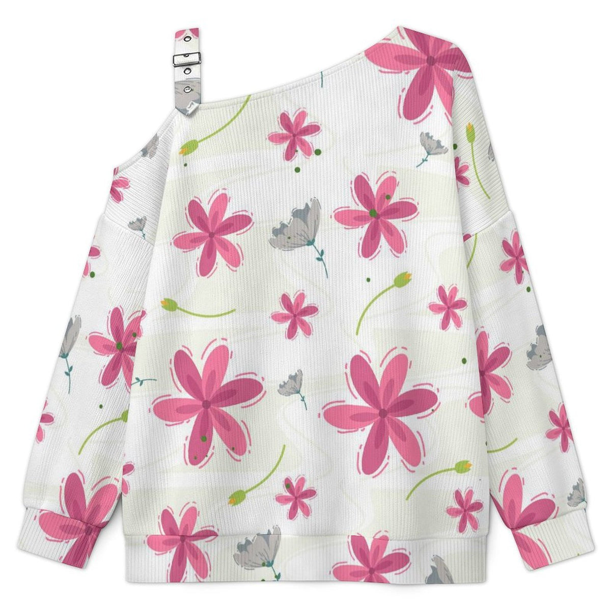 Off-the-shoulder Sweater Flowers, Leaves. Pattern Design  Asymmetric Cold Shoulder Knit Sweater for Women, Adjustable Buckle Strap Long Sleeve Casual Slouchy Pullover