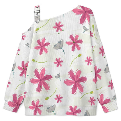 Off-the-shoulder Sweater Flowers, Leaves. Pattern Design  Asymmetric Cold Shoulder Knit Sweater for Women, Adjustable Buckle Strap Long Sleeve Casual Slouchy Pullover