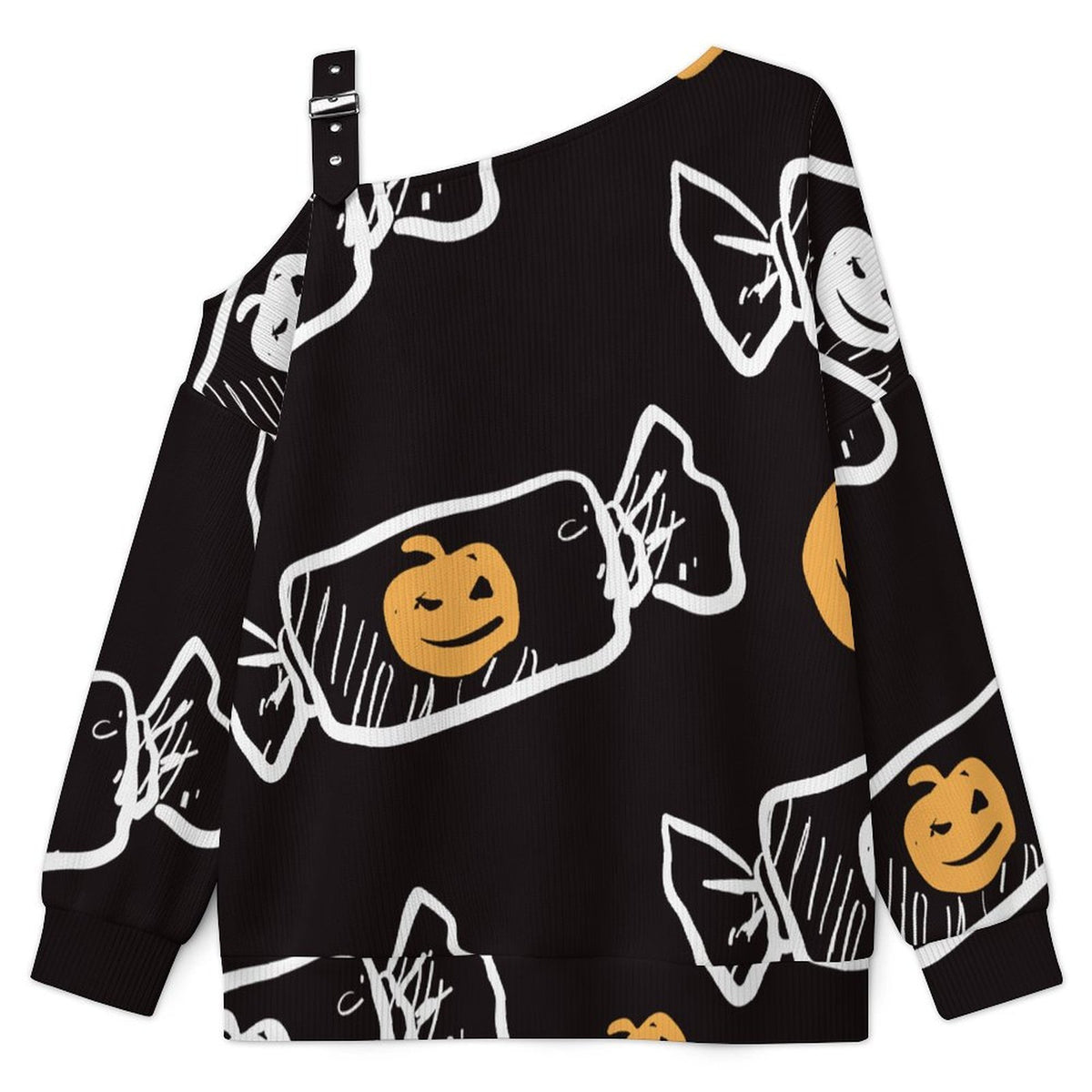 Off-the-shoulder Sweater Pumpkin Candy, Halloween  Asymmetric Cold Shoulder Knit Sweater for Women, Adjustable Buckle Strap Long Sleeve Casual Slouchy Pullover