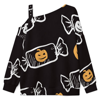 Off-the-shoulder Sweater Pumpkin Candy, Halloween  Asymmetric Cold Shoulder Knit Sweater for Women, Adjustable Buckle Strap Long Sleeve Casual Slouchy Pullover