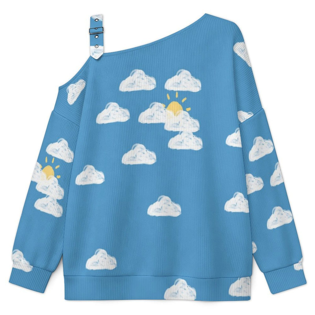 Off-the-shoulder Sweater Clouds And Sun  Asymmetric Cold Shoulder Knit Sweater for Women, Adjustable Buckle Strap Long Sleeve Casual Slouchy Pullover