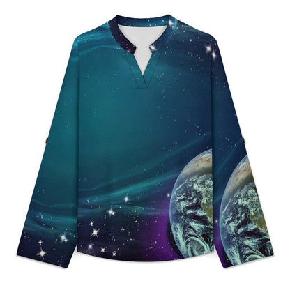 Stand-up Collar Long-sleeved Shirt Planet, Outer Space  Customization Women’s V-Neck Blouses,long Sleeve,Roll-Up Sleeve Shirt