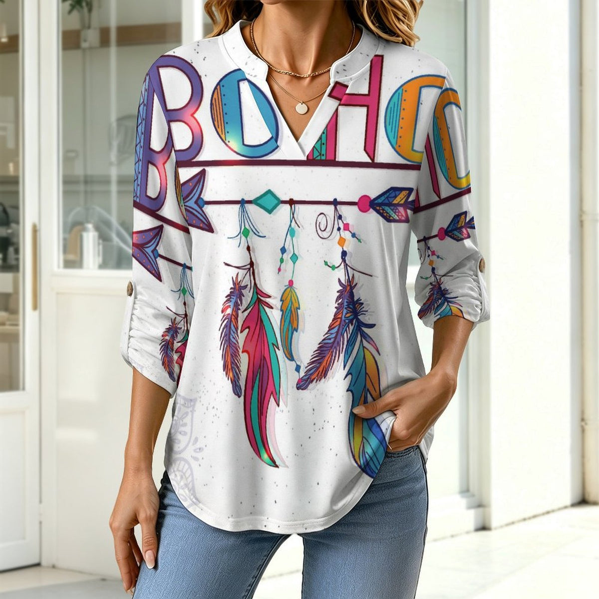 Stand-up Collar Long-sleeved Shirt Boho Style  Customization Women’s V-Neck Blouses,long Sleeve,Roll-Up Sleeve Shirt