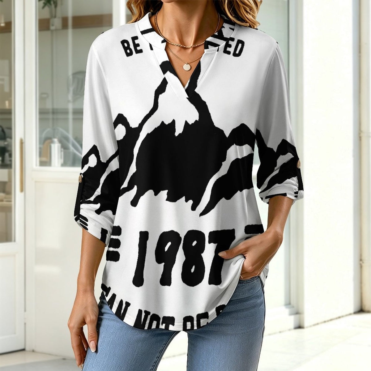 Stand-up Collar Long-sleeved Shirt 1987, Retro Font Design, Mountain Peak  Customization Women’s V-Neck Blouses,long Sleeve,Roll-Up Sleeve Shirt